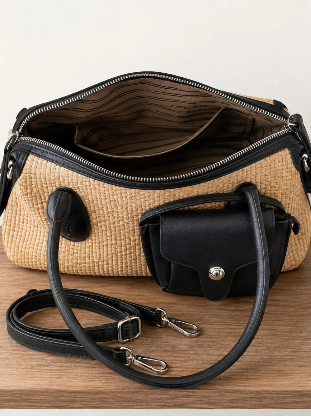 Classic Woven Straw Looking Tote with Black Leather Trim